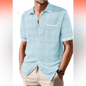 Men's Light Blue polo  Short Sleeve Shirt vintage knit button down beach shirt